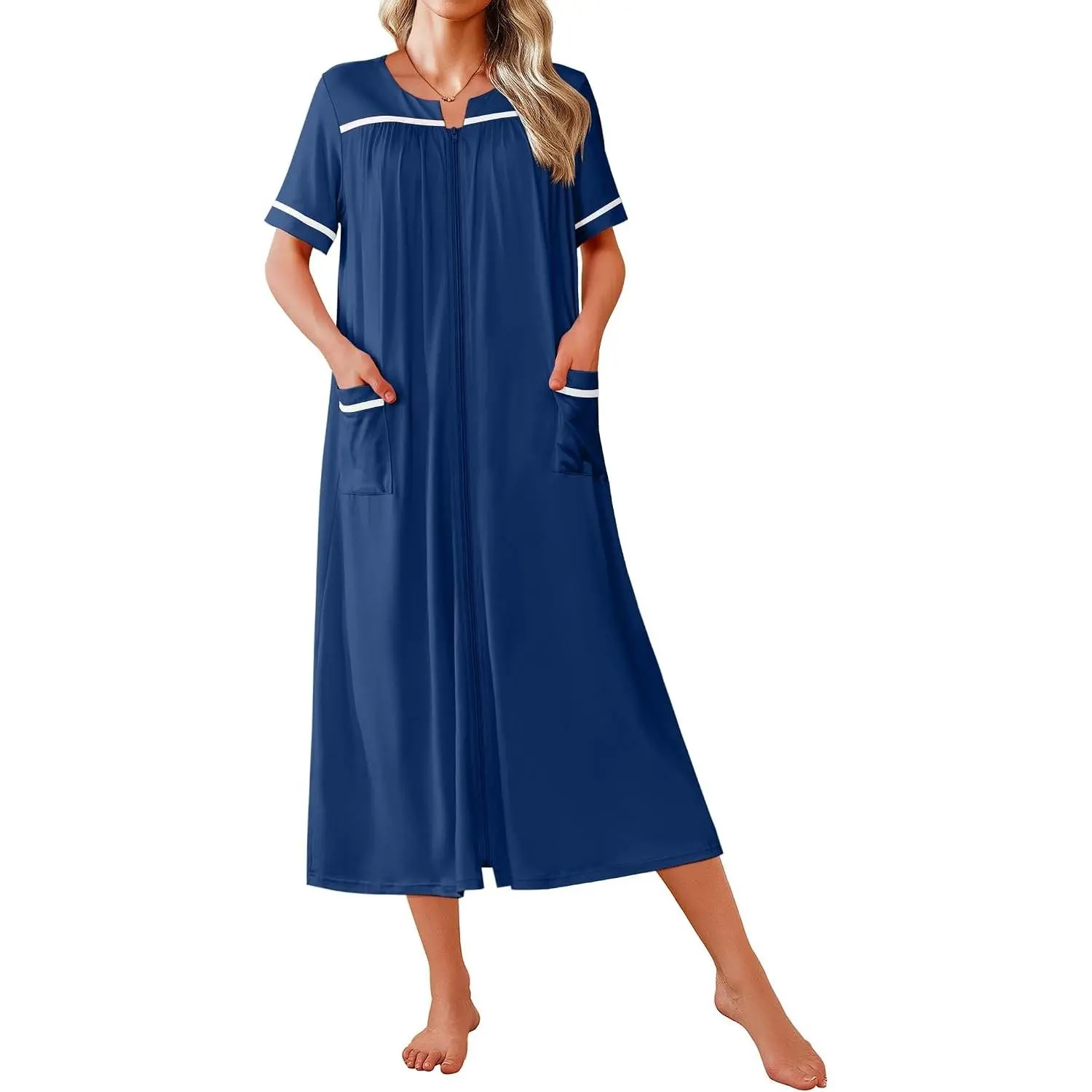Zipper Robes for Women Short Sleeve Bathrobe Soft Lightweight Housecoat Full Length Nightgown with Pockets S-3XL