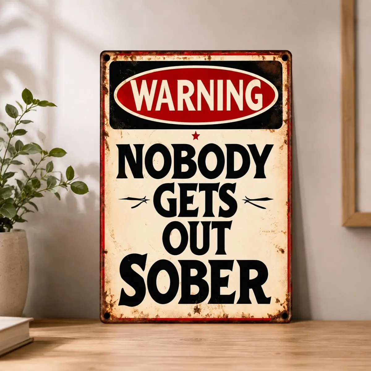 8x12 Inch Funny Vintage Bar Sign, “Nobody Gets Out Sober” Metal Wall Decor, Humorous Pub Sign for Man Cave, Home Bar & Party Room