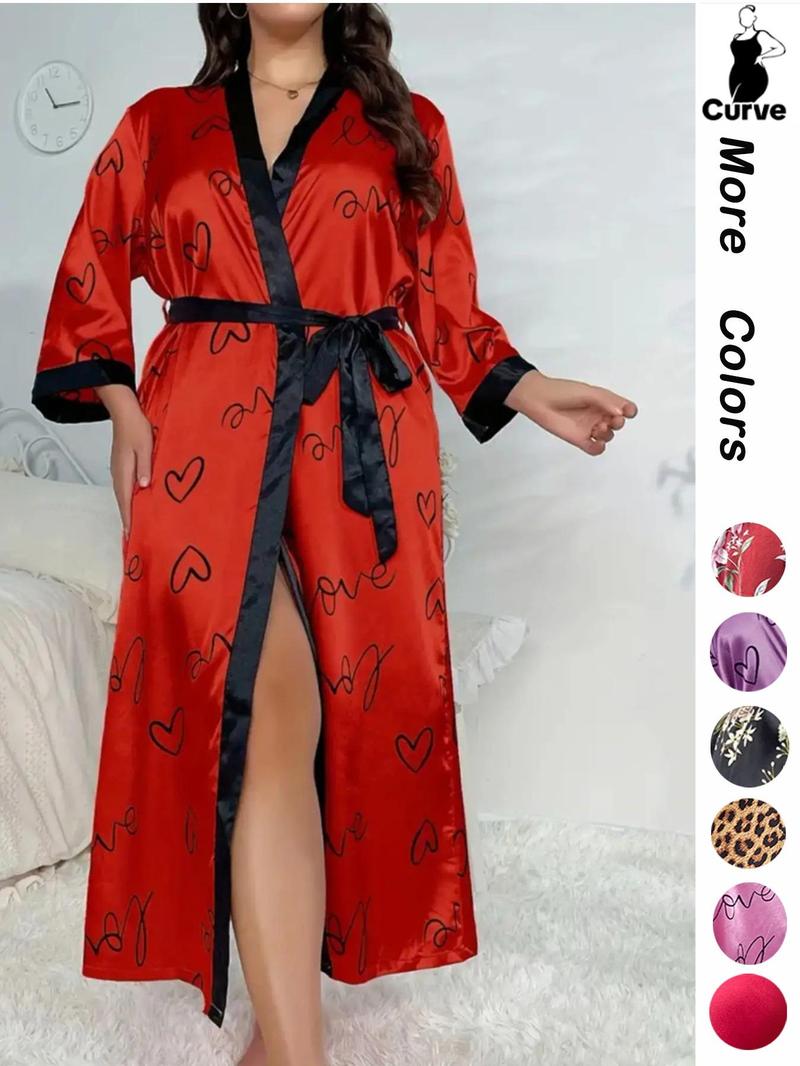[Plus Size] Halloween Print Belted Wrap Long Sleeve Loose Loungewear Robe, Women Long Sleeves Nightwear, Fall Lady Long Lounge Robe Gowns, Halloween Pajamas, Robes for Women, Floral Print Robe, Wrapped Belted Robe, Casual Soft Bathrobe Womenswear Vneck