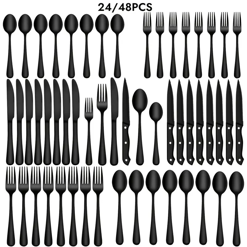 24pcs Black Silverware Set Steak Knives 4/8 Person Christmas Stainless Steel Cutlery Mirror Polished Dishwasher Safe Kitchen Utensils for Family Party Dinnerware Set with Forks Spoons And Knives Set Modern Tableware Sets