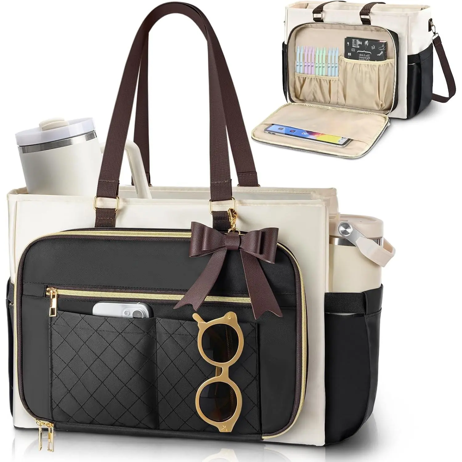 Teacher Tote Bag for Women - Structured Laptop Bag, Cup Holder | Multi-pocket design fits 15.6-inch screen, stays upright  commutes,  for nurse shifts and classroom work days