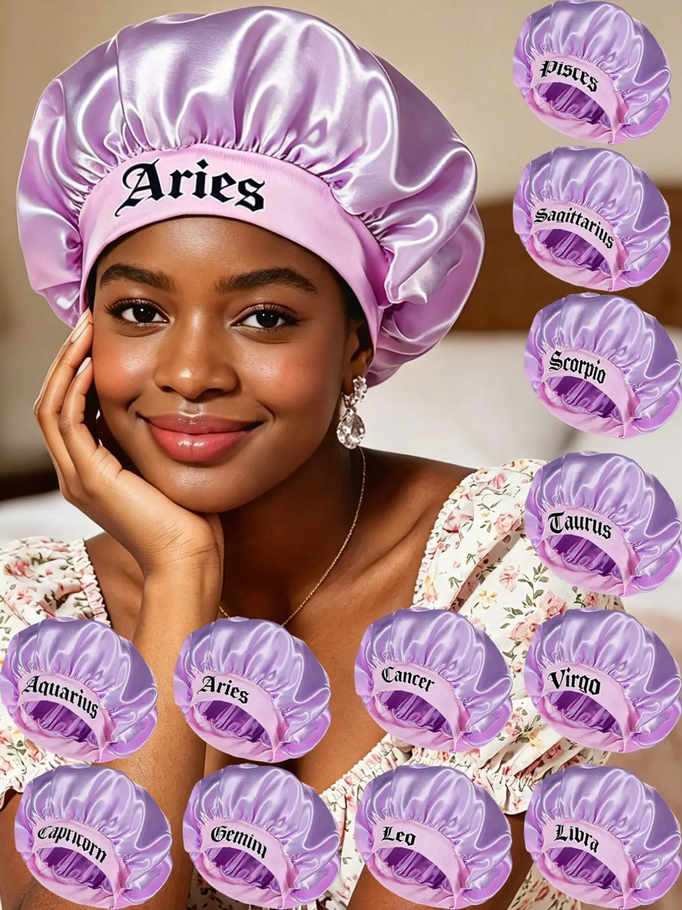 1 Pack Purple Satin Sleep Bonnet, Customizable 12 Zodiac Signs, Silk Hair Protection Sleep Cap, Wide-brimmed Anti-frizz Elastic Sleeping Headband, Suitable For Morning Grooming, Makeup Removal And Braiding,Eave For Home Use, Haircare