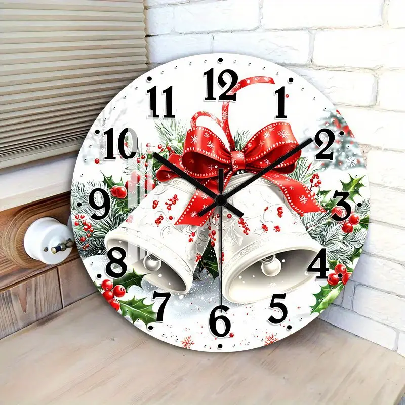 A silent, non-ticking acrylic wall clock with a decorative round design. This festive Christmas clock comes with a bell and is suitable for the living room, bedroom, kitchen, entryway, or office