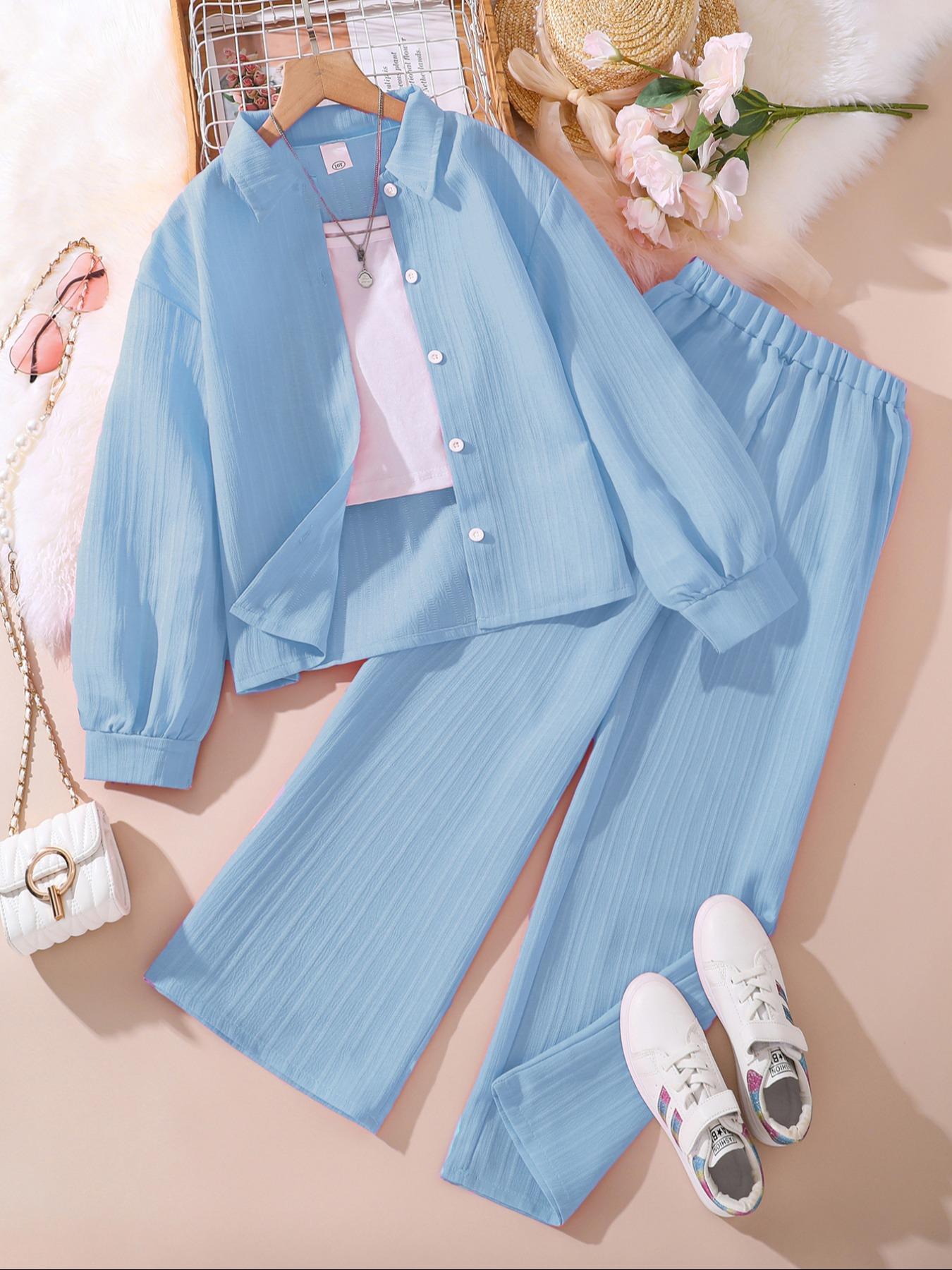 Two-piece Set Girl's Solid Color / Bow Pattern Shirt & Pants Set, Suits, Casual Long Sleeve Collared Top & Trousers for Spring & Fall, Kids Clothes for Daily Wear