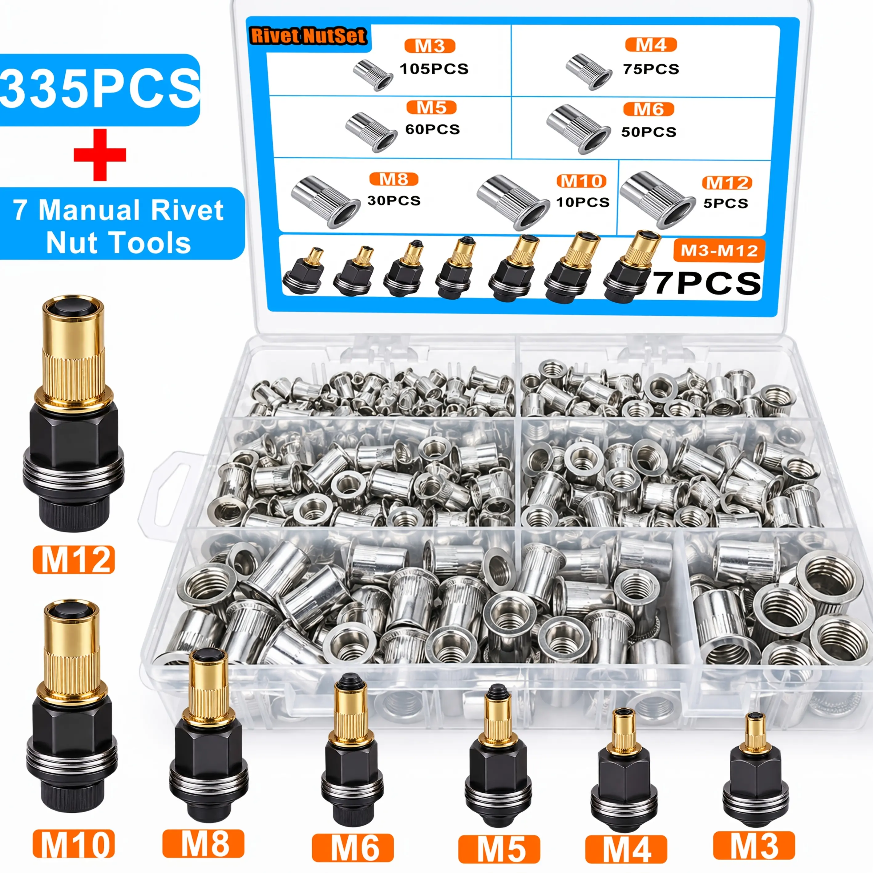 Manual Rivet Nut Reinforcement Kit, Metric Aluminum M3-M12 Nuts, for Automotive/Marine & Industrial Users, Corrosion-Resistant, Strong, Durable, Smooth Surface, Metal Surfaces Compatible, with Storage Box