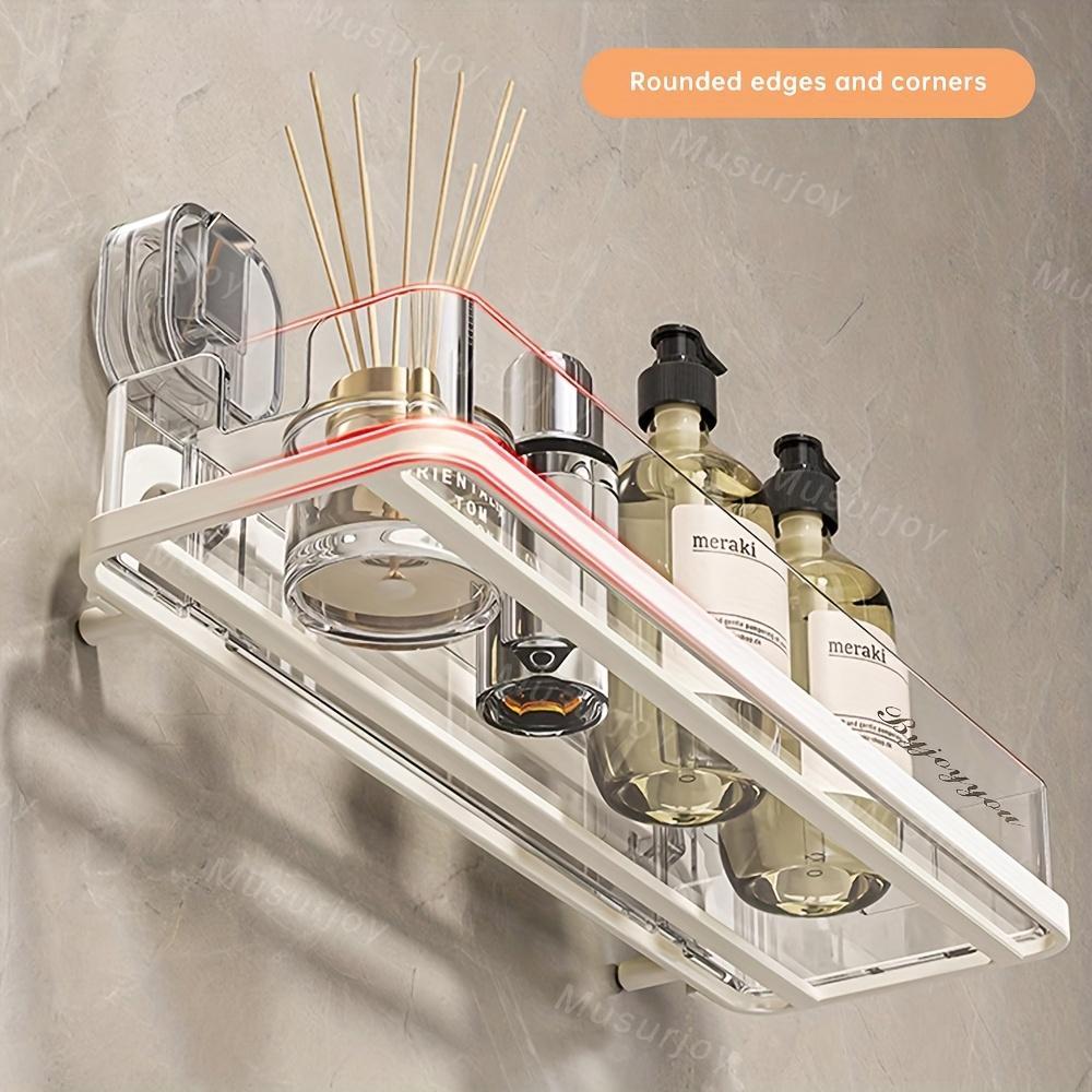 Easy Install Suction Cup Bathroom Shelf, No Drilling Required, Thick Plastic & Aluminum Alloy, Wall Mounted Shower Rack, Bathroom Organizing Accessories, Corner Storage