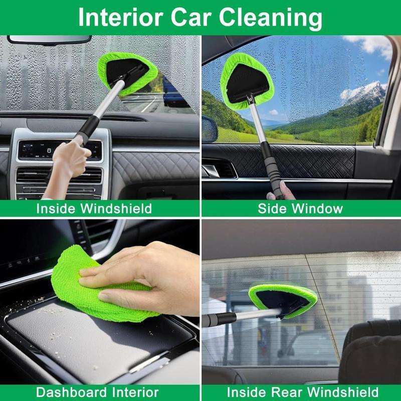Windshield Cleaning Tool, Microfiber Car Window Cleaner with 3 Reusable and Washable Microfiber Pads & Spray Bottle and Extendable Handle