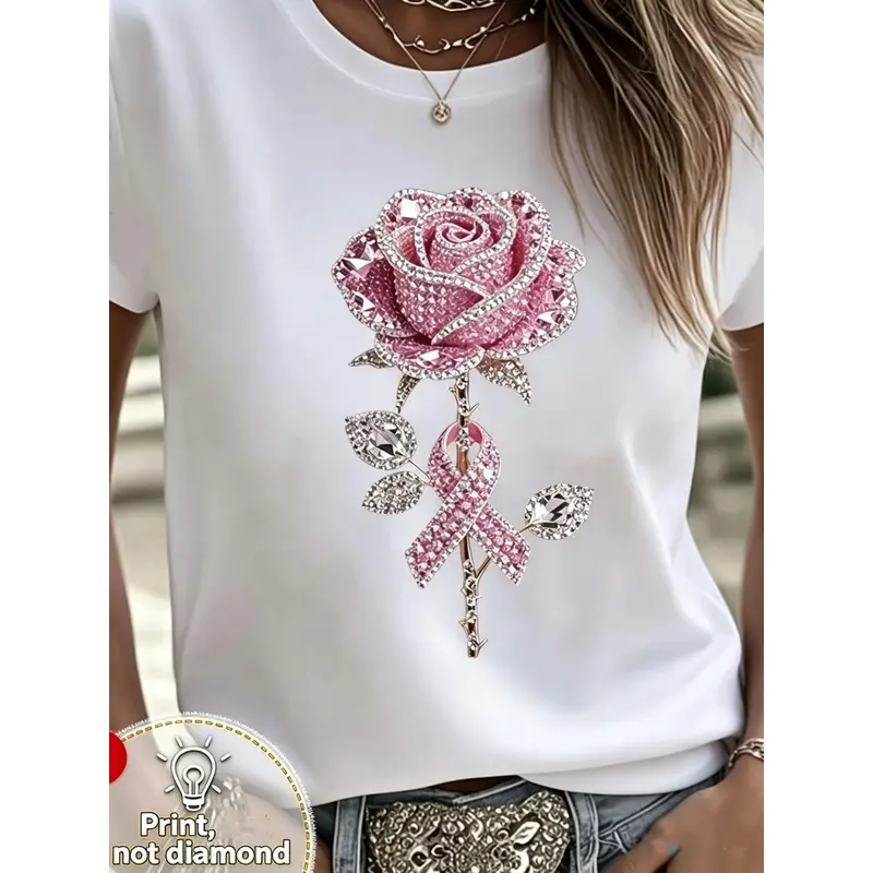 Women's Cotton Blend Short-Sleeve Crew Neck Drawn Floral T-Shirt - Comfortable Casual Top with Multiple Sizes, Ideal for Outdoor & Everyday Wear