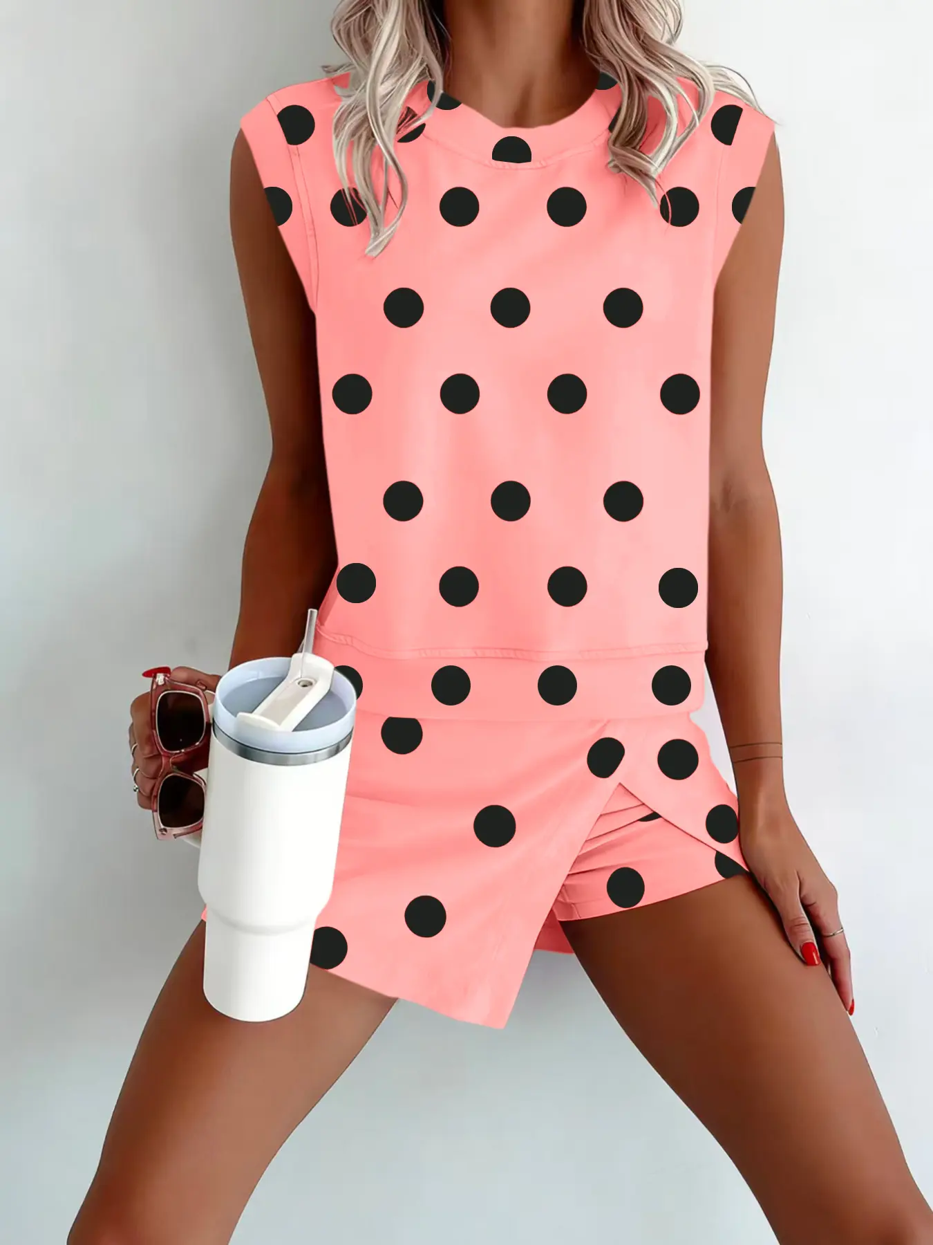 Summer New Cute Polka Dot Print Dress Style Casual Matching Two-Piece Set, Sleeveless Loose-Fitting Crop Top, Women's Fashion