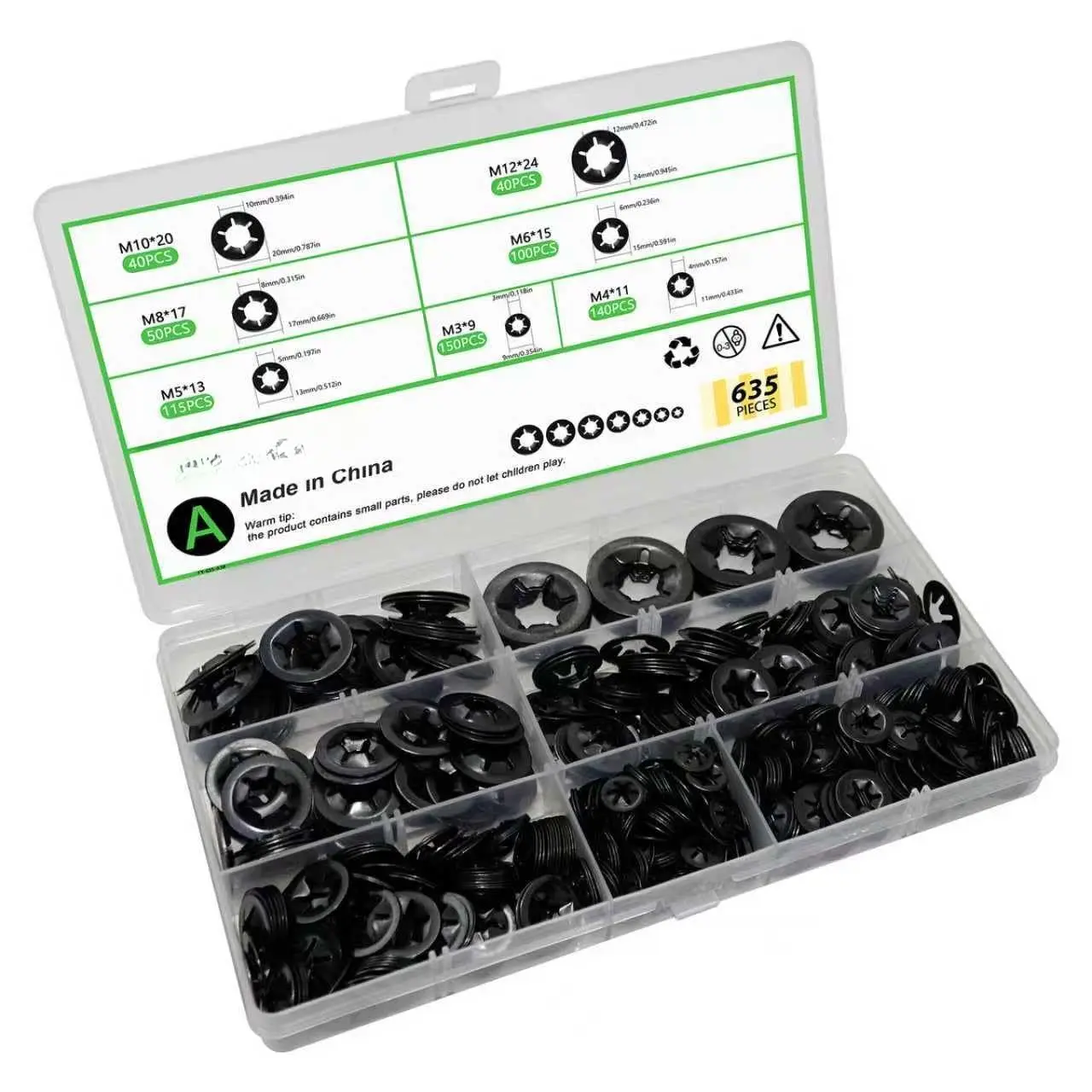 635 count Internal   Lock Washers, M3 M4 M5 M6 M8 M10 M12 Quick Speed Locking Washers  Kit, Steel Black Oxide Finish Push  Locking Washer, Fasteners  Kit