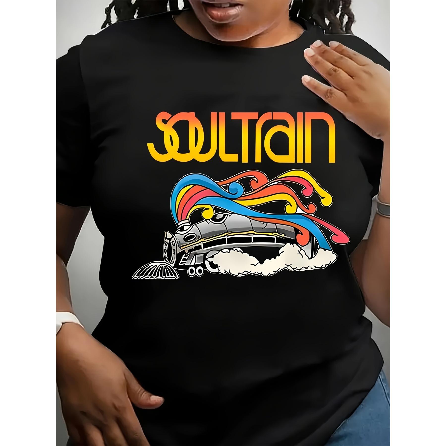 [Vibrant Soul Train Tee] Vibrant Plus Size Women's Fashion T-Shirt - "Soul Train" Graphic, Stretchy Polyester Blend, Round Neck Short Sleeve - Colorful & Comfortable Casual Wear