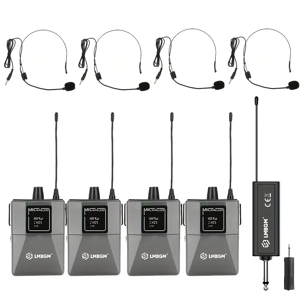 LMBGM W2 4-Pack Wireless Headset Microphone System, 4-Channel Bodypack Mic Set with Anti-Howling, Clear Sound, 30M Range for Stage, Meeting, Interview, Church, Live Streaming, Wireless Mics