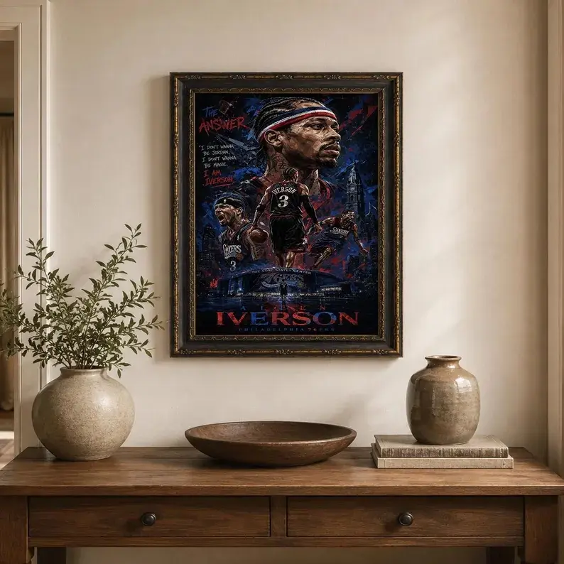 Allen Iverson 76ers framed canvas poster, Philadelphia skyline quote art prints, basketball-themed men's space wall decorations.