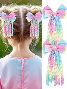 2/8pcs Rainbow Curly Tassel Bow Hair Clip, Cute Hair Clips, Gradient Ribbon Hairpin, Cute Tie-Dye Style, Everyday Casual Accessory, Suitable for All Seasons