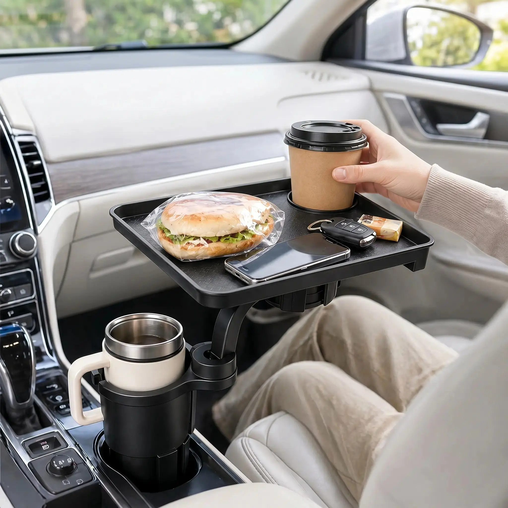 Car Cup Holder Tray with Expander Adapter, Detachable Rotating Snack and Drink Organizer, Car Interior Organizers for Round Cup Holders 2.56–3.74 in, Parked Vehicle Use