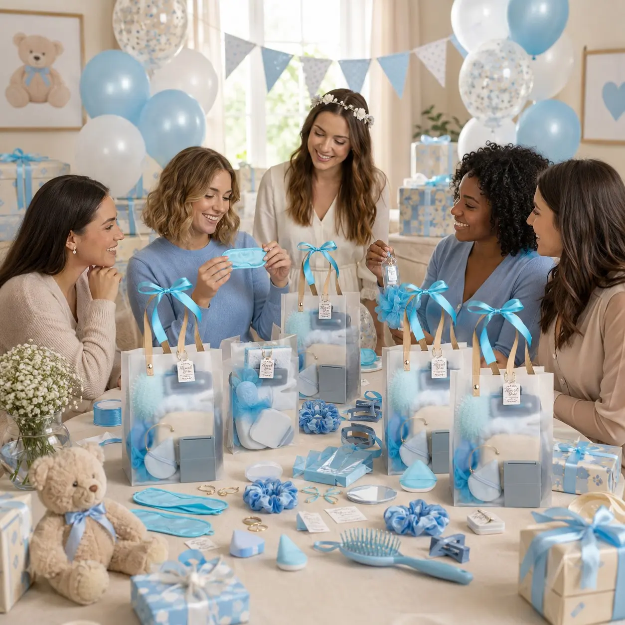 68 Pcs/6 Sets Blue Baby Shower Party Favors for Guests, Hair Accessory Gift Sets with Headbands, Hair Combs and Matching Gift Bags, Baby Boy Shower Game Prizes, Gender Reveal Party Gifts, Baby Sprinkle and Newborn Welcome Keepsakes