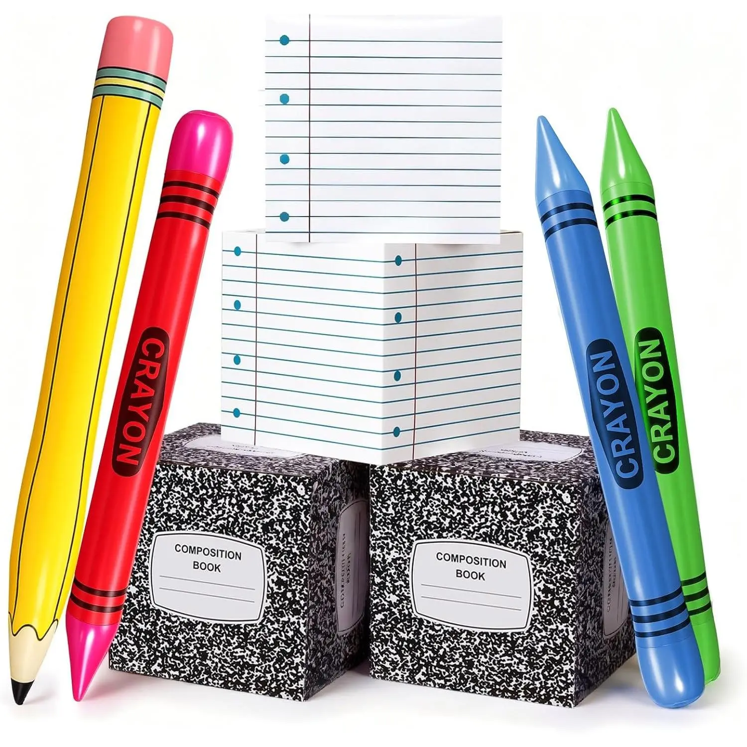 8 Pcs Giant School Party Classroom Decoration, Elegant Style Back to School Celebration Decor for Preschool Kindergarten, Includes Composition Book Notebook, Inflatable Pencil Crayon Balloon Boxes
