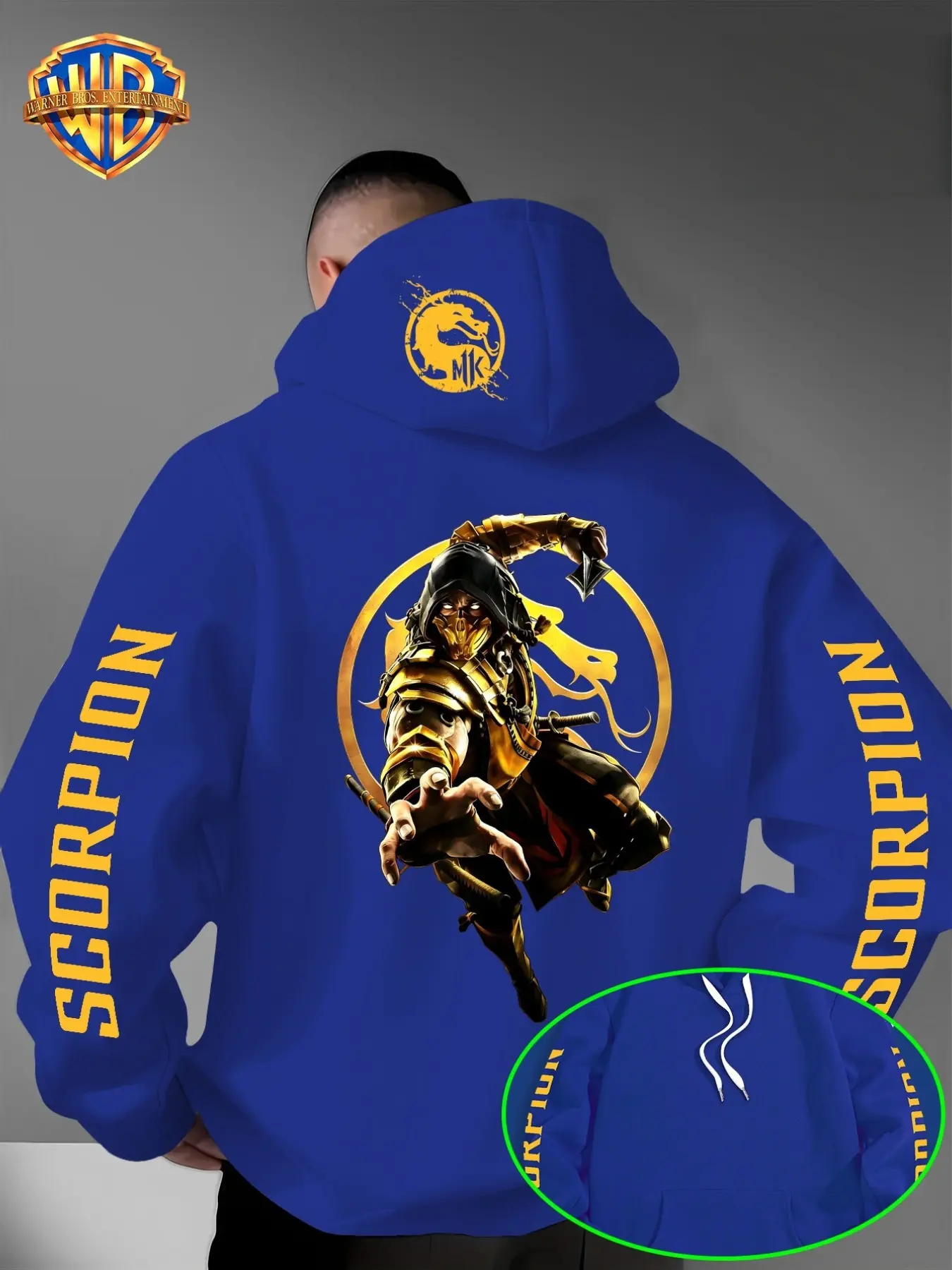 Warner Bros Men's Mortal Kombat Scorpion Print Hoodie, Game Theme Casual Streetwear Sweatshirt, Loose-Fitting All over Print