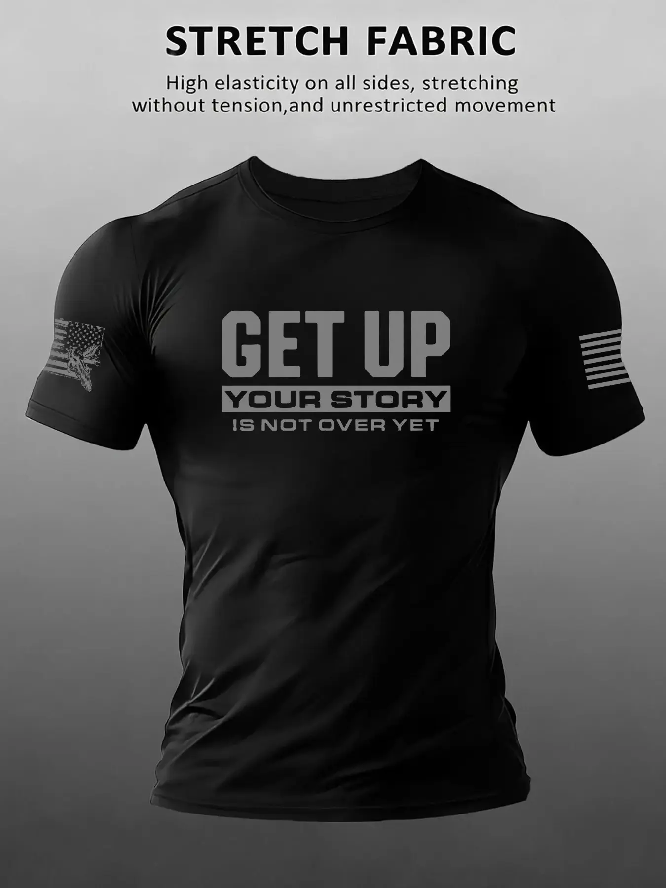 Men's Motivational Fitness T-Shirt, Four-Way Stretch Quick-Dry Muscle Tee, Get Up Letter Print, Casual Workout Top, Short Sleeve
