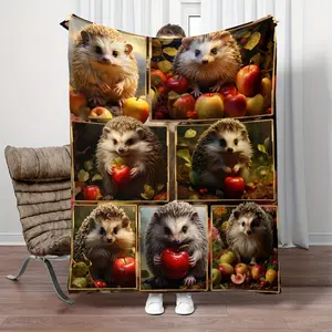 1Pc Cozy Cute Hedgehog Puzzle Blanket Lightweight Flannel Digital Printing Fleece Blanket For Sofa Office Couch Bed Travel Camping Livingroom Soft Warm Flannel Blanket, Gifts For Family Friends