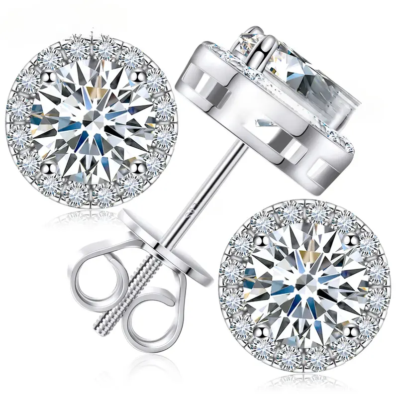 0.2–8.0CT Lab-Created Moissanite Stud Earrings, 925 Sterling Silver Round Brilliant Halo Earrings with Secure Screw Backs, 3–10mm Jewelry Gift for Women and Men