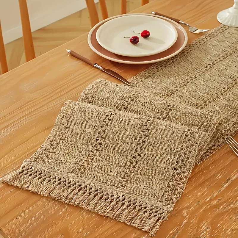 1pc Bohemian Trim Dining Table Tablecloth, Place Mats - Country Farmhouse Winter Home Decor, Suitable for Winter, Christmas, Easter Bridal Party - Polyester Tablecloth, Best for Christmas, Perfect for Thanksgiving