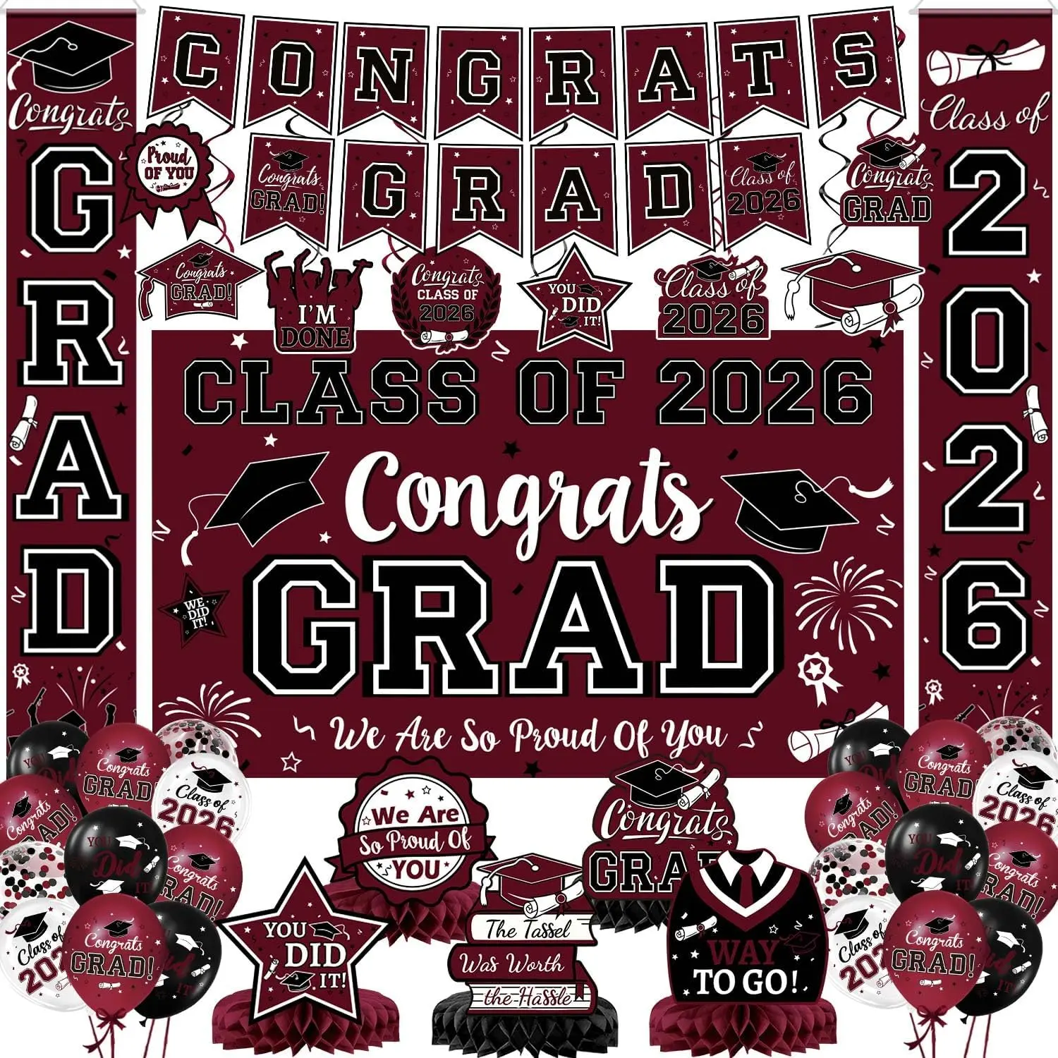 Maroon Themed Class of 2026 Graduation Decorations Set - Includes Congrats Grad Banner Backdrop Porch Sign Hanging Swirls Balloons Honeycomb Centerpieces for High School College Graduation Celebrations