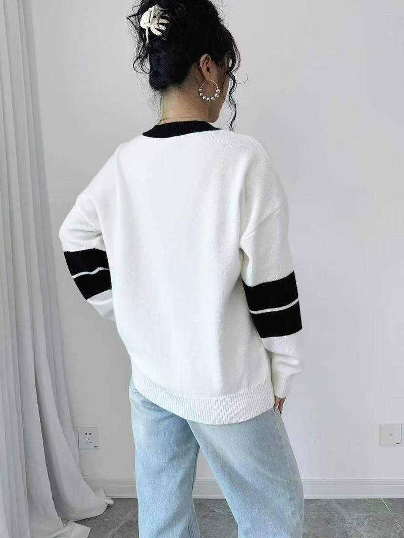 Autumn Winter Color Block V Neck Sweater for Women, Casual Loose Knitwear with Letter Design, Trendy Streetwear, Comfortable Long Sleeve Sweatshirt