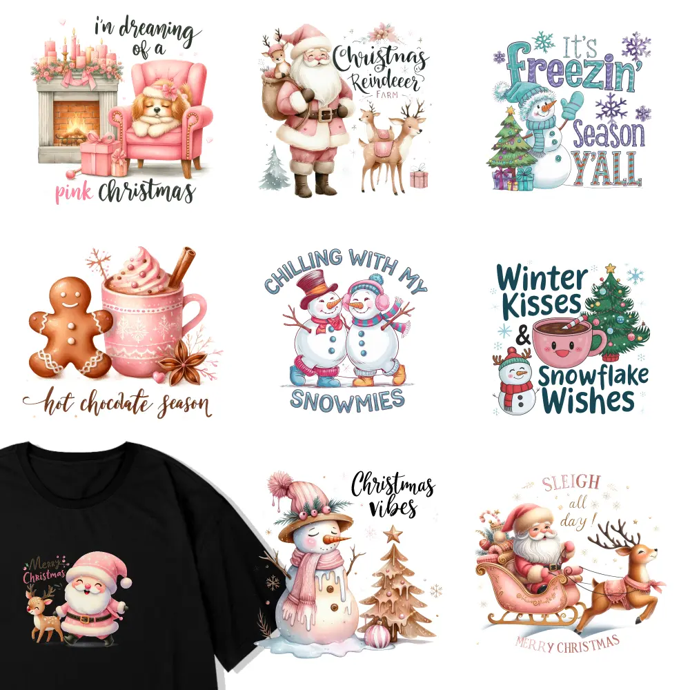 9 Pcs Christmas Designs Iron on Transfers Press Washable Stickers iron on decals DTF Transfers Ready for Clothing T-Shirt Jeans Applications casual style. Iron on Decals for T Shirts