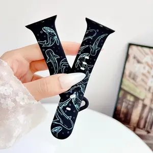 Ocean Whale Shark Dolphin Silicone Strap for Apple Watch Ultra Series 1-11 SE, Black Base Marine Animal Printed Sport Watch Band, Adjustable Lightweight Summer Beach Wrist Accessory Smartwatch Compatible Bands