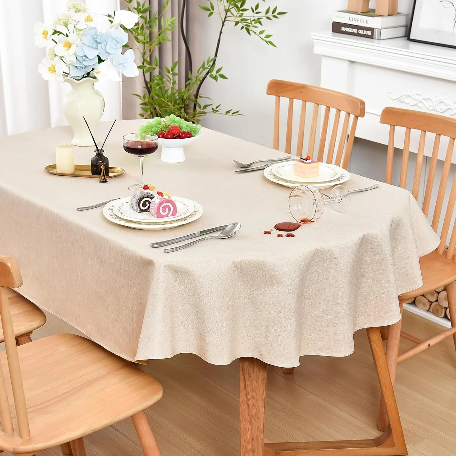 Wolkemer Oval Tablecloth 60 x 84 Inches Faux Linen Water Resistant| Farmhouse Polyester Tablecloths, Washable Wipeable Table Cover for Home, Kitchen, Dining, Wedding, Party (Neutral)