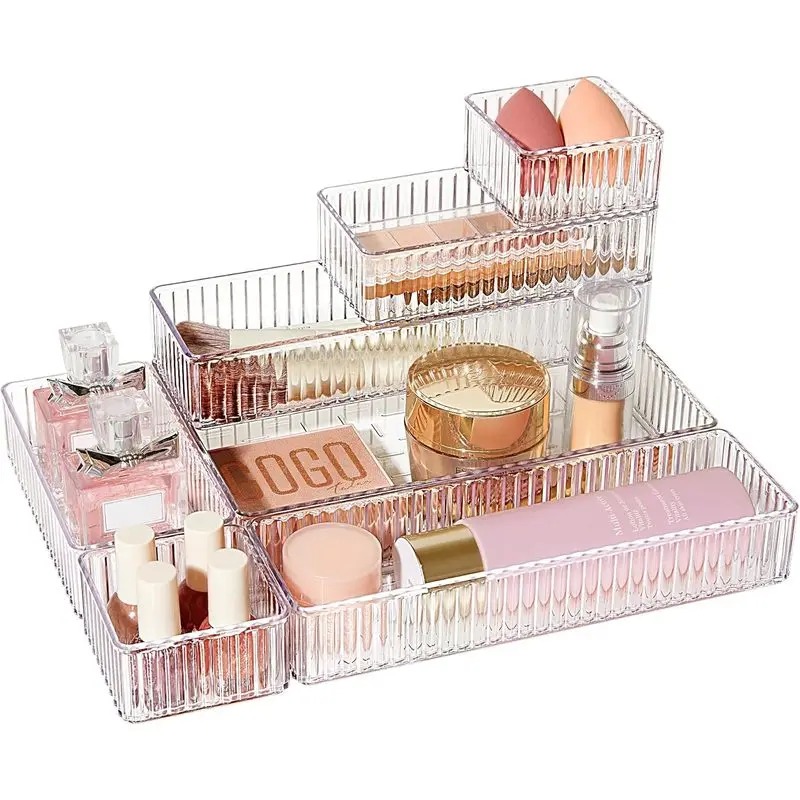 7-Piece Clear Makeup Drawer Organizer Set, 4-Size Stackable Acrylic Storage Trays for Cosmetics, Toiletries, Office Supplies and Utensils