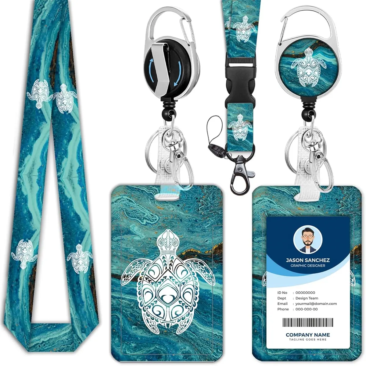 Turtle Shell Student Campus ID Card Holder, UV Print Metal Back Clip, Employee Neck Lanyard, Durable and Stylish Accessory
