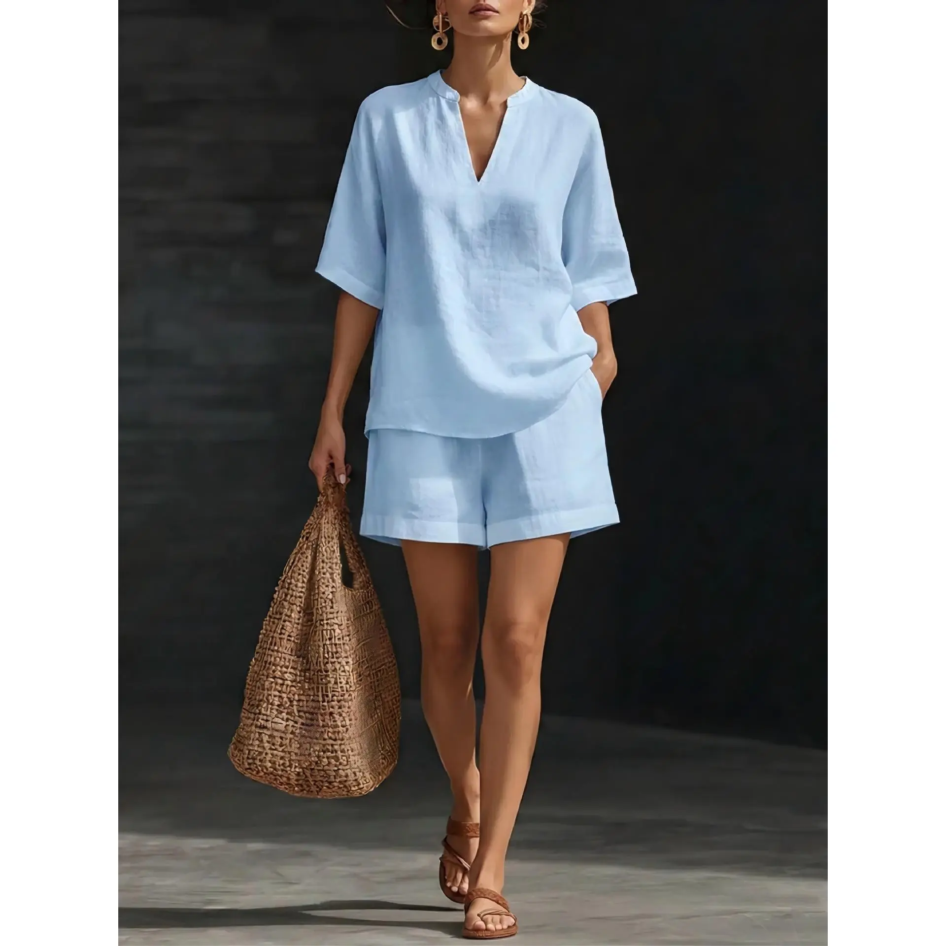 Women’s 2-Piece Linen Blend Sports Casual Set - V-Notch Split Neck Mid-Sleeve Top & Loose Shorts, Chic Minimalist Basic Comfortable Elegant Solid Summer Outfit for Vacation Daily Wear