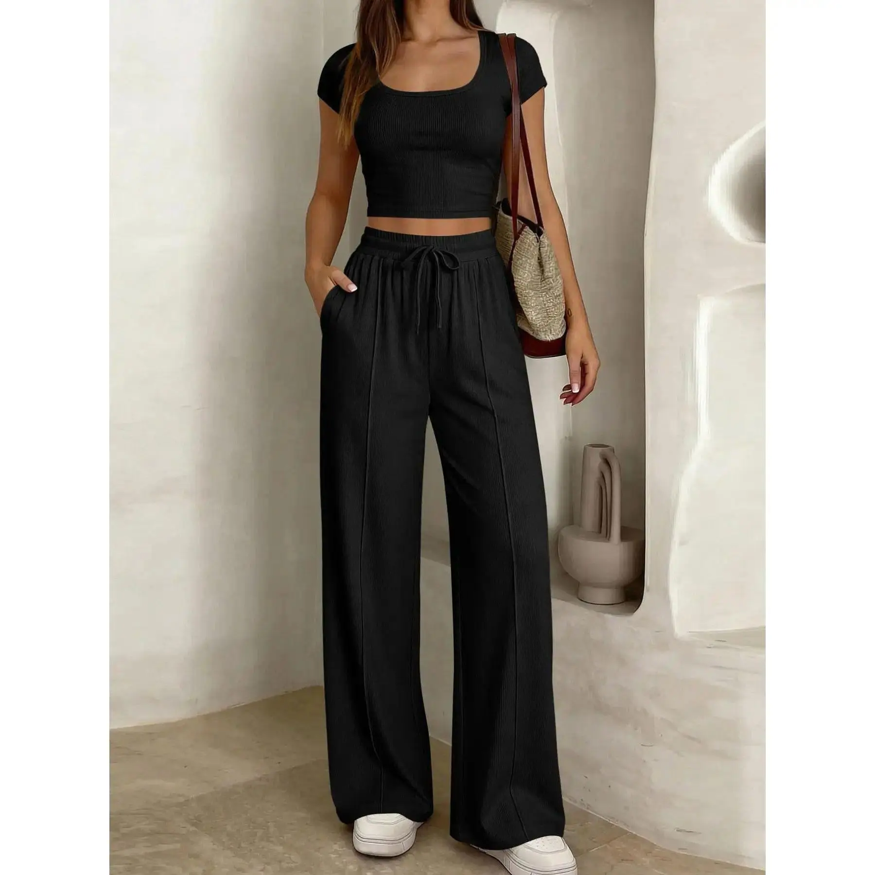 Women Summer Matching Loungewear Set, Drawstring Short Sleeve Top & Loose Wide Leg Pants, Casual Coordinated Outfit for Travel Vacation Daily Home
