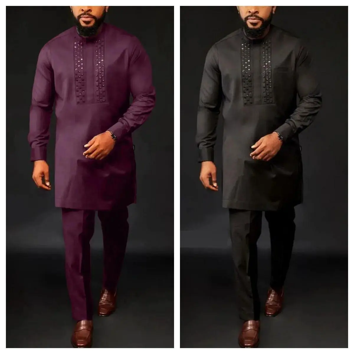 Men's 2-Piece African Style Kaftan Suit, Autumn Winter New Plain Long Sleeve Menswear with Simple Fit, Polyester Wedding Holiday Clothing, Full-Length
