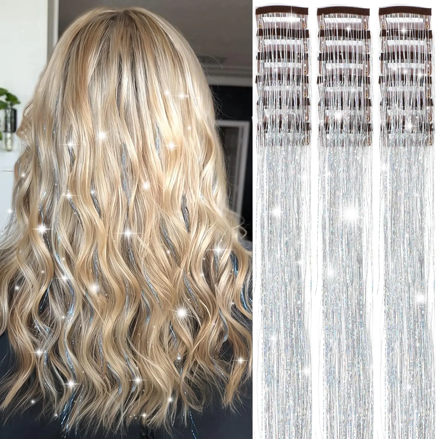 Hair Tinsel Pack of 18 count Hair Tinsel Clip in 20.5 Inch Glitter Tinsel Hair Extensions Clip in Hair Tinsel Kit Party Festival Fairy Hair Accessories for Girls Women  ()