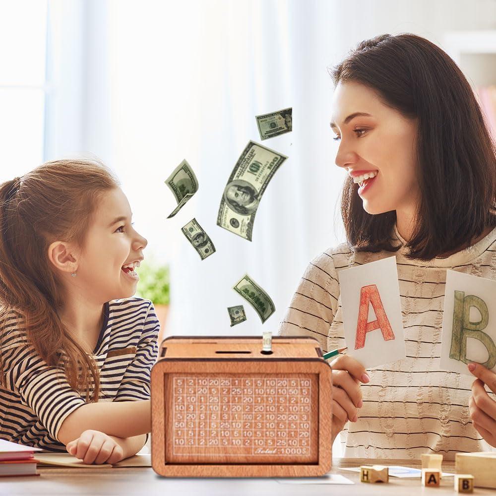1000/10000 Dollars Savings Challenge Box, Cash Vault Wooden Savings Box for Kids & Adults, Savings Challenge Box Money Saving Box for Cash Coin, Birthday Piggy Bank Gifts Decor Decorative piggy bank Ornaments Decoration