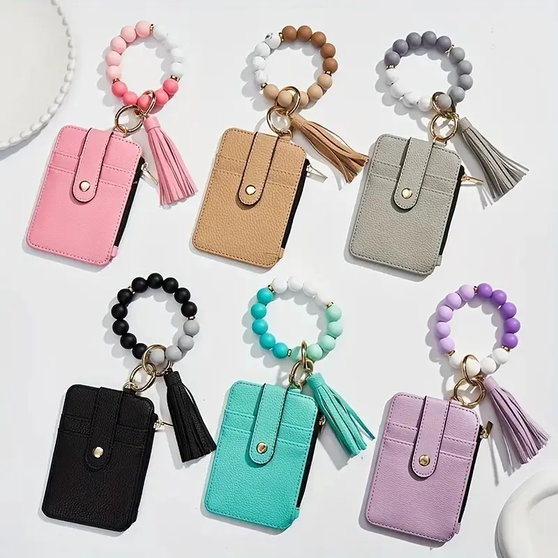 Beaded Wristlet Keychain with Mini Card Pouch, Boho Silicone & Wood Bracelet, Wearable Keychain Bag for Women Students, Beaded Charm, Wrist Keyring, Outdoor Daily