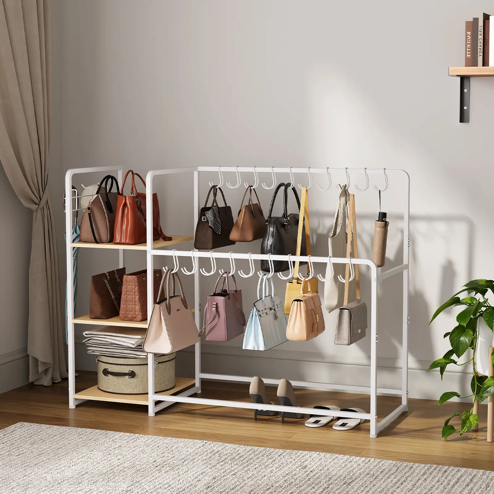 Garvee Standing Compact 3-Tier Wooden Frame Purse Organizer Rack - 20 Hangers, 3 Side Hooks, Movable Wheels, Includes Hooks - 1 Unit Handbag Storage Shelf for Closet, Bedroom - Black, Vintage