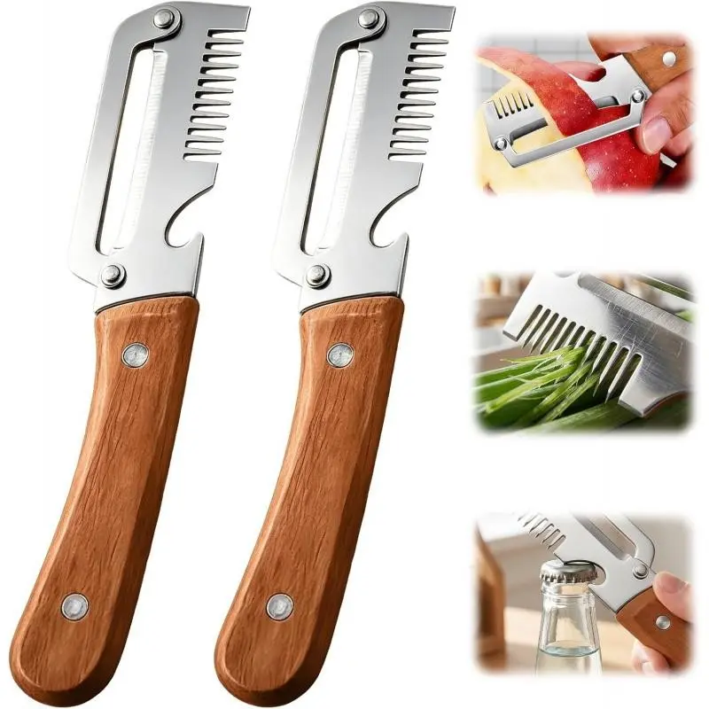2-Pack 2026 Upgrade Vegetable Peeler, Wooden Handle, Stainless Steel Blade, Triple-Function Peeler, Kitchen Tool, Camping, Travel