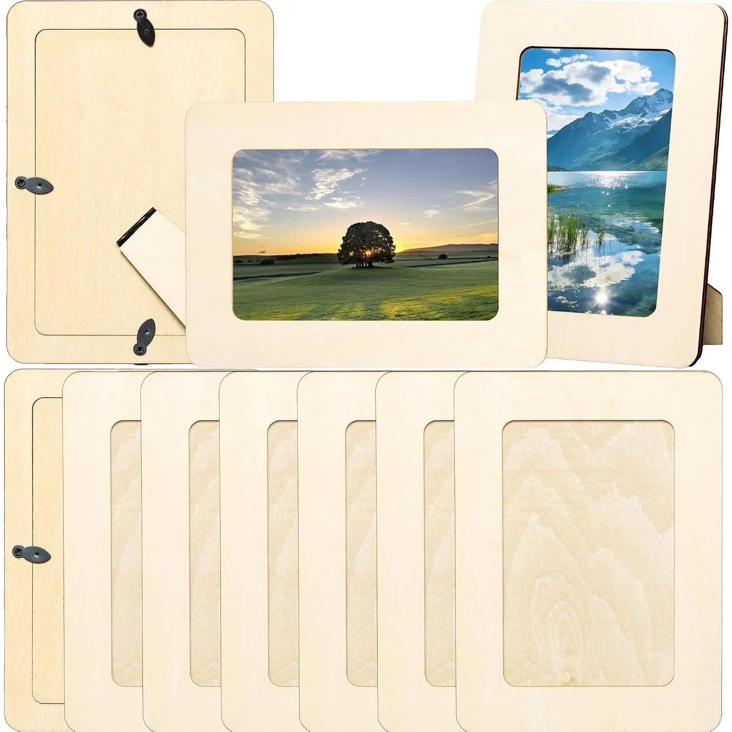 10 Pack Unfinished  Picture Frames 4x6 Bulk - Smooth Basswood Plywood Photo Frames for Crafts, Paintable DIY Wooden Frames with Stand for  Decor, Wedding Favors & Art Projects (Open Frame Design)