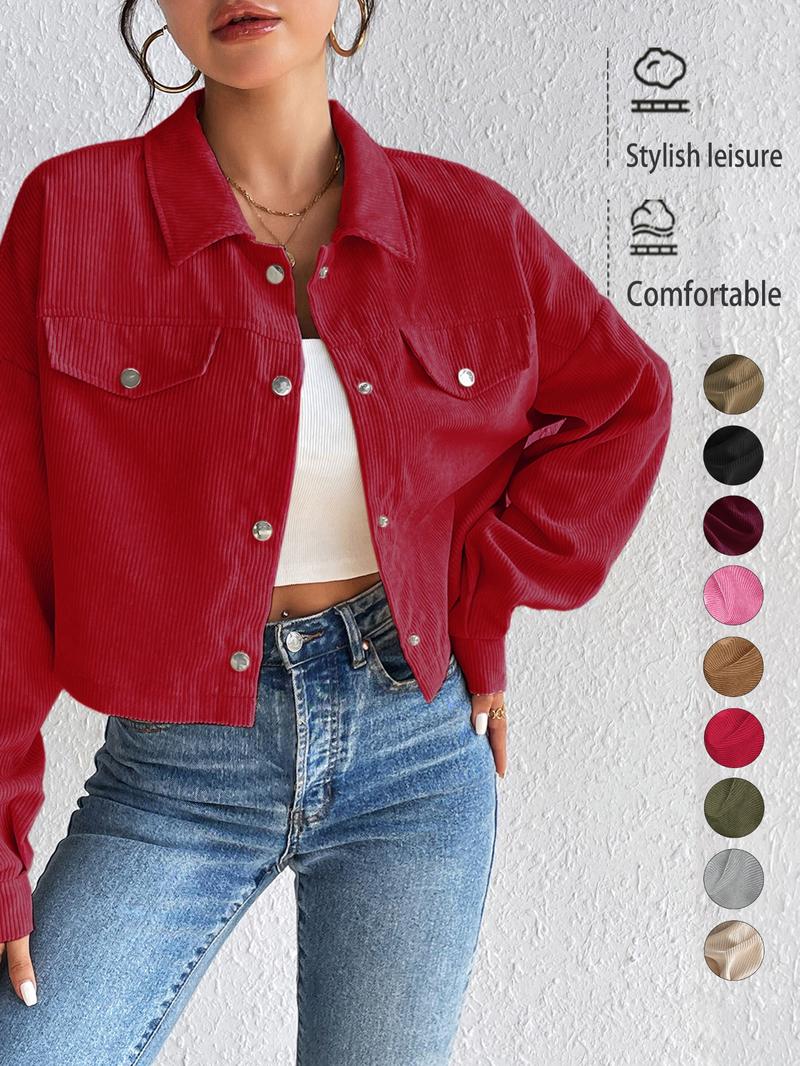 Women's Plain Button Front Drop Shoulder Jacket, Casual Pocket Design Long Sleeve Corduroy Jacket for Fall & Winter