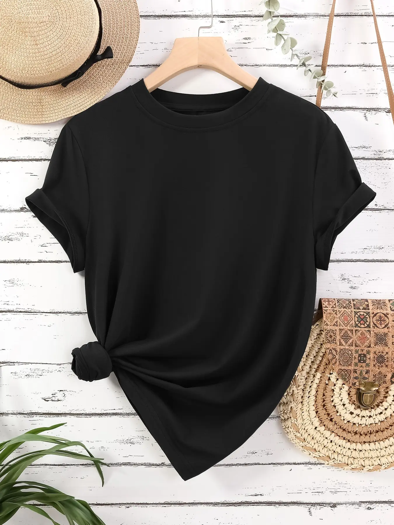 Women Solid Crew Neck T-Shirt, Soft Loose Fit, Rolled Short Sleeve, Ideal for Daily Wear, Summer, Casual Street Style, Comfortable Basic Tee