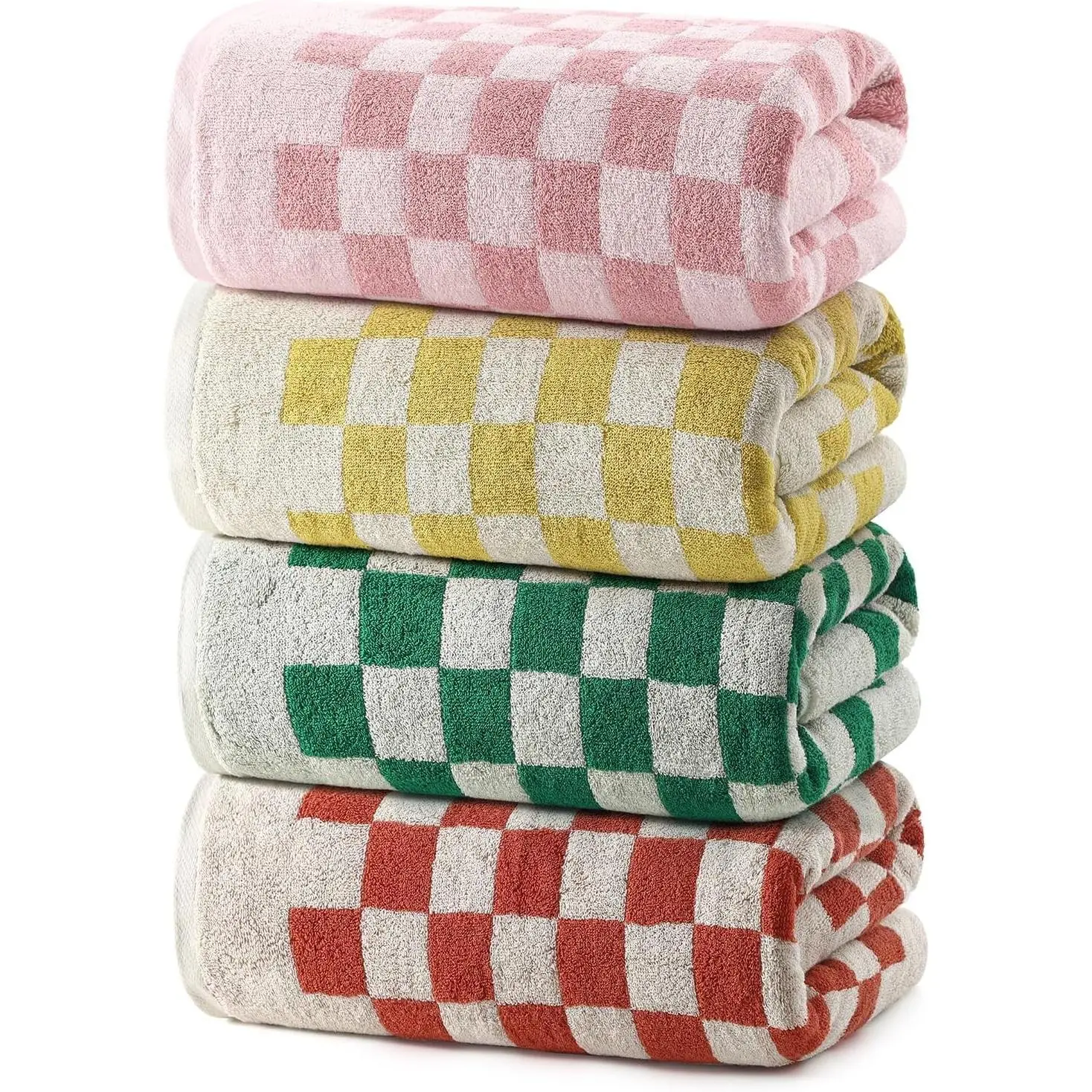 Checkered Bath Towels Set - 4 Piece Large Shower Towels for Bathroom Decoration, Highly Absorbent Cotton Bath Towel of 4, Cute Checkered Shower Retro Towel for Bathroom, Multicolored
