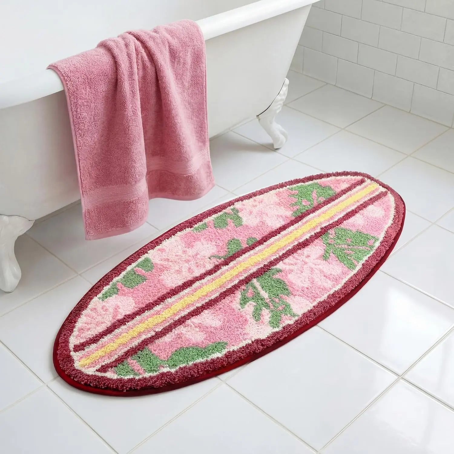 Dunzy Pink Hibiscus Bathroom Rug Cute Surfboard Shaped Bath Mat Non-Slip Flocking Bathtub Rug for Tropical Living Room Bedroom Decor