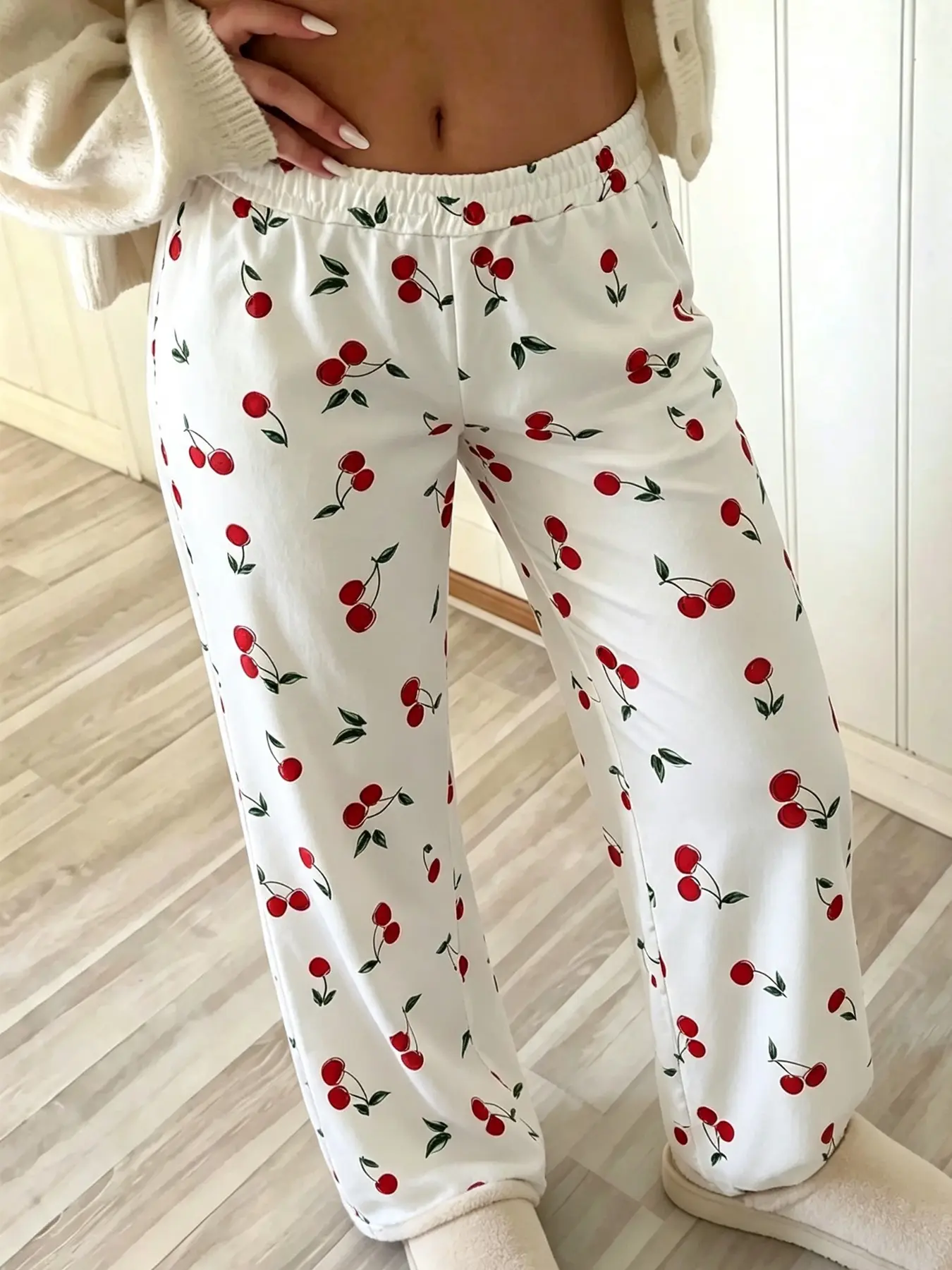 Cherry Graphic Wide Leg Pajama Pants, Coquette Elastic High Waist Loose Trousers, Sweet Girly Cherry Fruit Print Relaxed Bottoms For Bedroom Sleep Night Rest Lazy Indoor Daily Lounging Viral Trendy Popular Loungewear Pants For Young Women Teen Girls