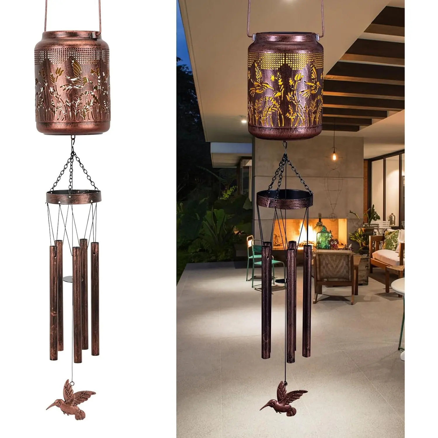 Outdoor Solar Hummingbird Wind Chimes with Lantern - IP44 Rated, Auto-Charge, Detachable Parts, Gentle Night Glow, Sound and Light Patio Yard Decor, Gift Idea for Gardeners