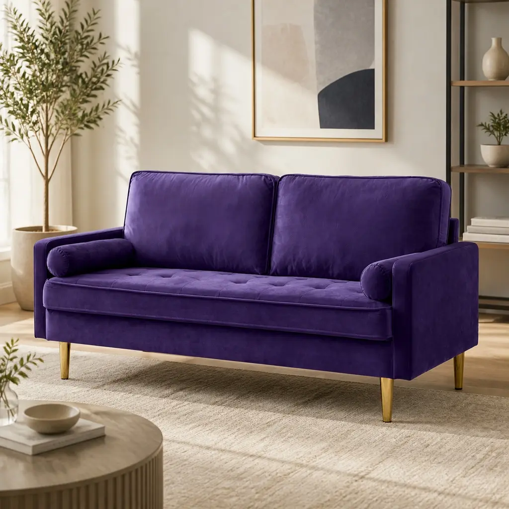 ARCH Purple Velvet 2-Seater Minimal Chic Comfy Couch Loveseat Sofa, 65in Indoor Furniture with Gold Metal Legs, High-Density Sponge Cushions, Solid Pine Wood Frame, Easy Assembly for Small House Design & Room Transformation
