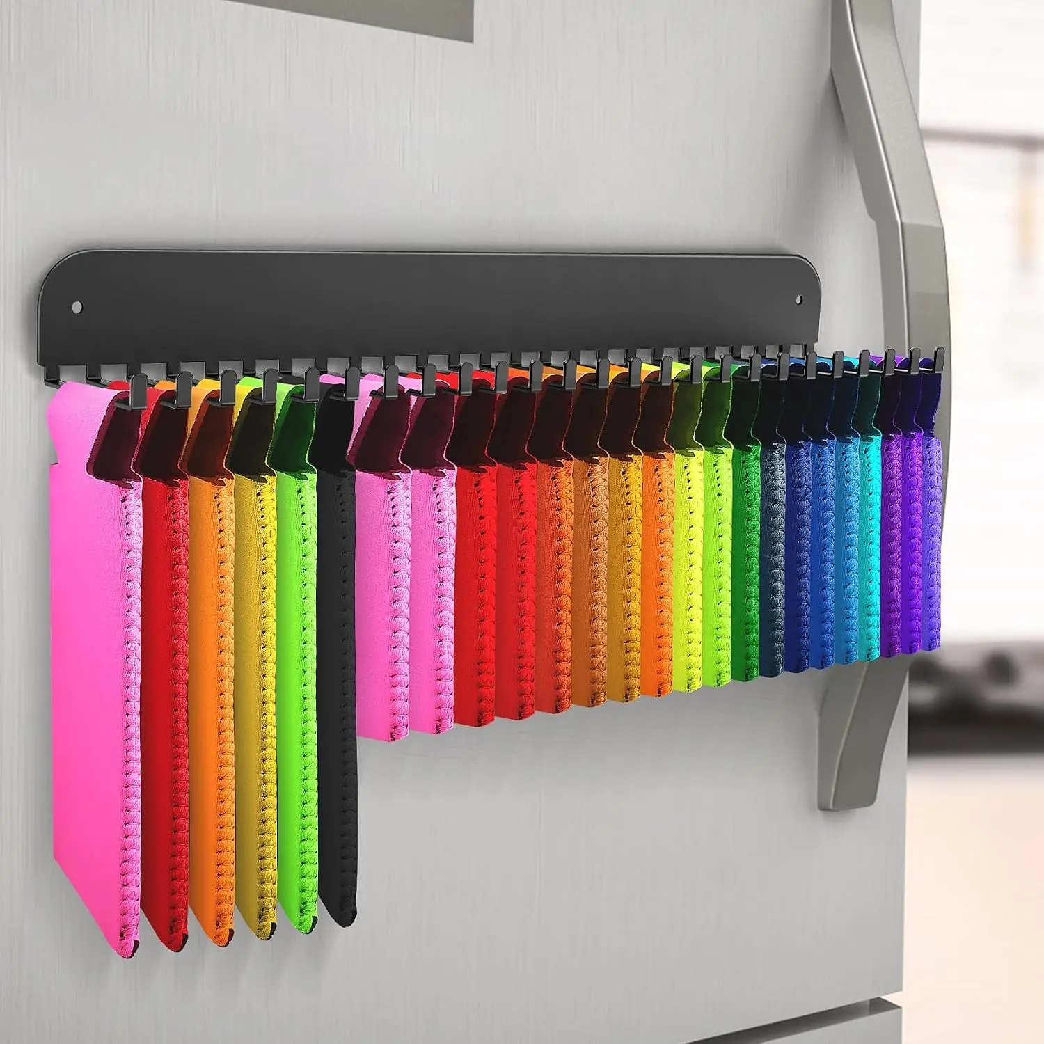 Can Cooler Sleeves Holder Magnetic for Fridge, Beer Sleeves Dispenser Organizer for Storage w/ 25 Hooks, with Screws for Wall Mounted, for Holidays Wedding Party